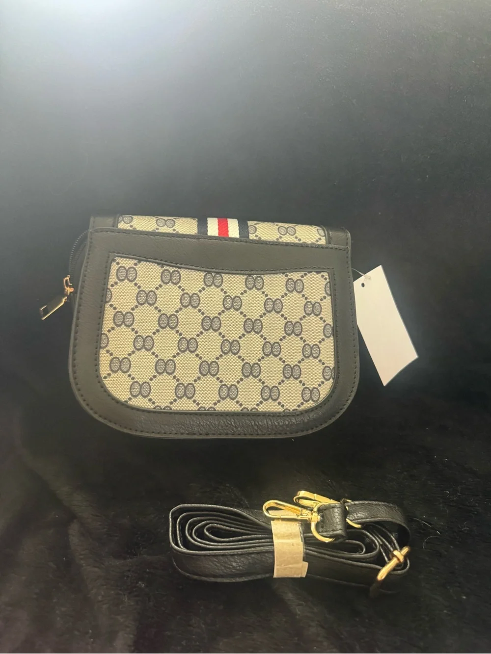 Black Patterned Crossbody Bag with Red-White-Blue Stripe vegan leather
